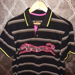 NWOT Men's le Tigre Striped Black Polo w/ hot pink & black tiger medium